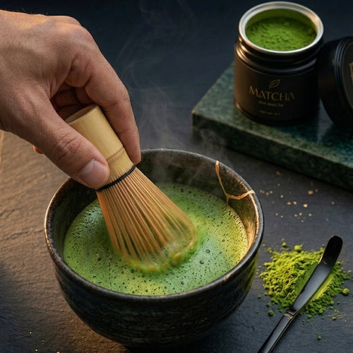Preparación de matcha ceremonial con chasen, ritual japonés 